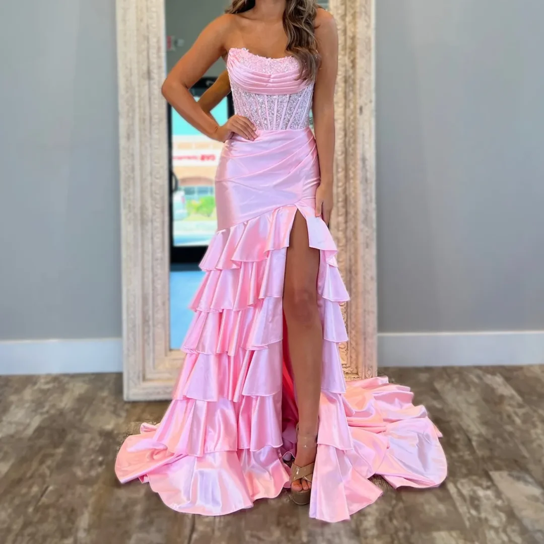

Bone Bodice Strapless Evening Tiered Skirt Front Split Dresses For Special Gorgeous Pink Mermaid Prom Dress 2025 Customized