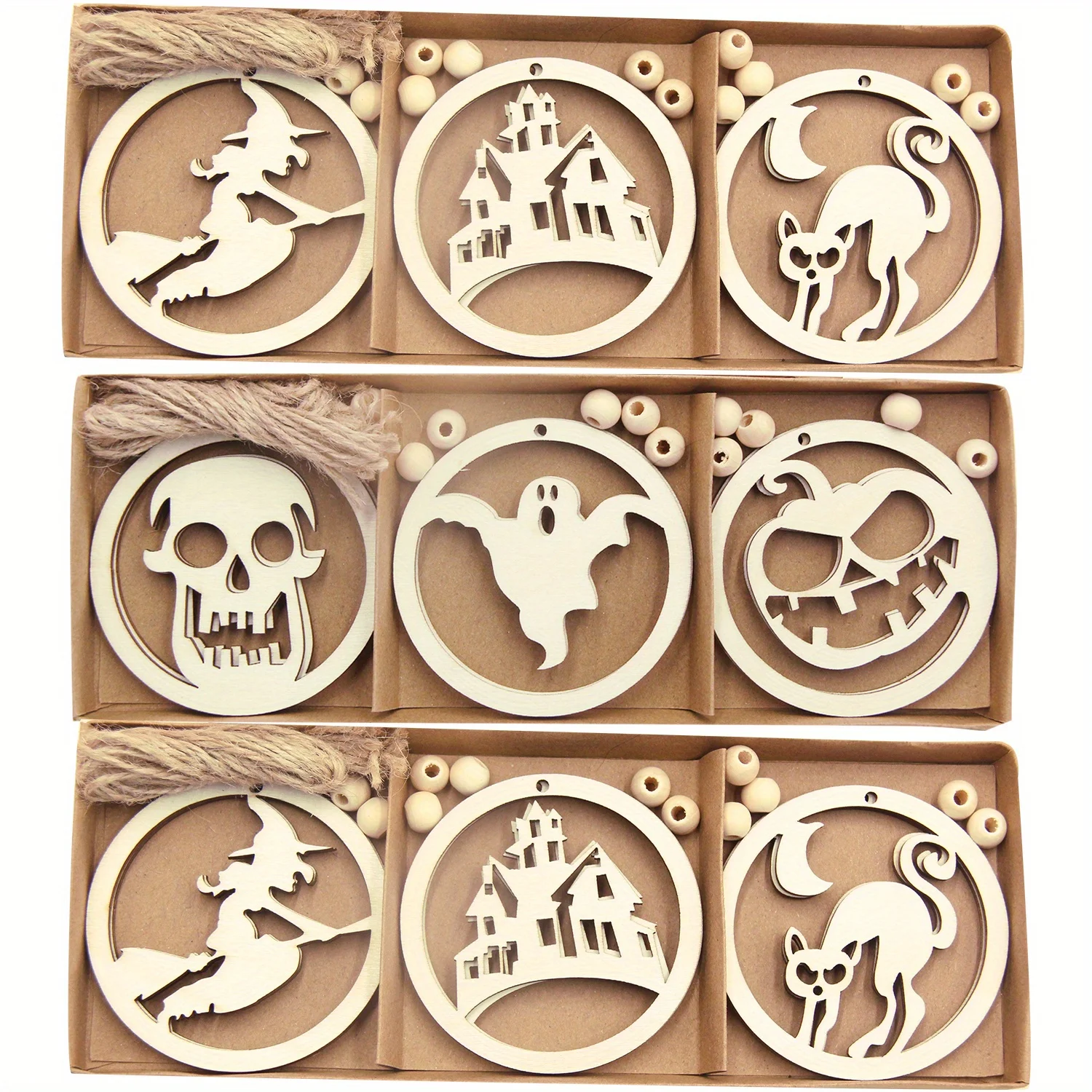 12PCS/Box Wooden Halloween Ornament Witch/Bat/Ghost Hanging Pendants for Happy Halloween Party Decorations DIY Painting Gifts