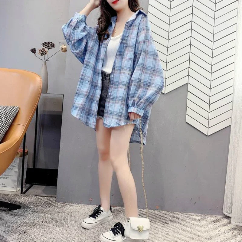 Shirts Women Fashion Chic 3XL Batwing Sleeve Plaid Summer Sun-proof Simple Daily Casual Korean Style Harajuku All-match Ladies