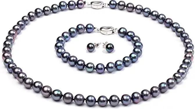 

Terisa PearlJewelry Set Necklace Bracelet Earrings AAA Elegant 8-9mm Round Black Freshwater Cultured Pearl for Women