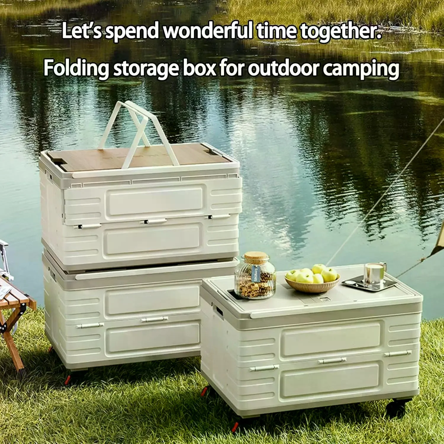 Foldable Rolling Storage Cart with Pull Handle & Wooden Lid and 360° Swivel Wheels, Wheeled Utility Shopping Cart, Collapsible Plastic Organizer Bin for Grocery, Camping, Home Storage Moving