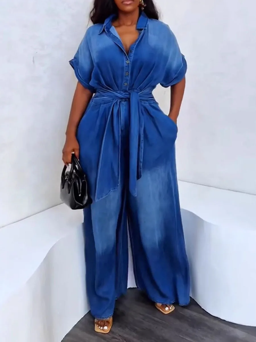 ZIML Tute larghe in pizzo impiombato di colore di successo per le donne Risvolto Manica corta Vita alta Temperamento Tute chic Moda femminile