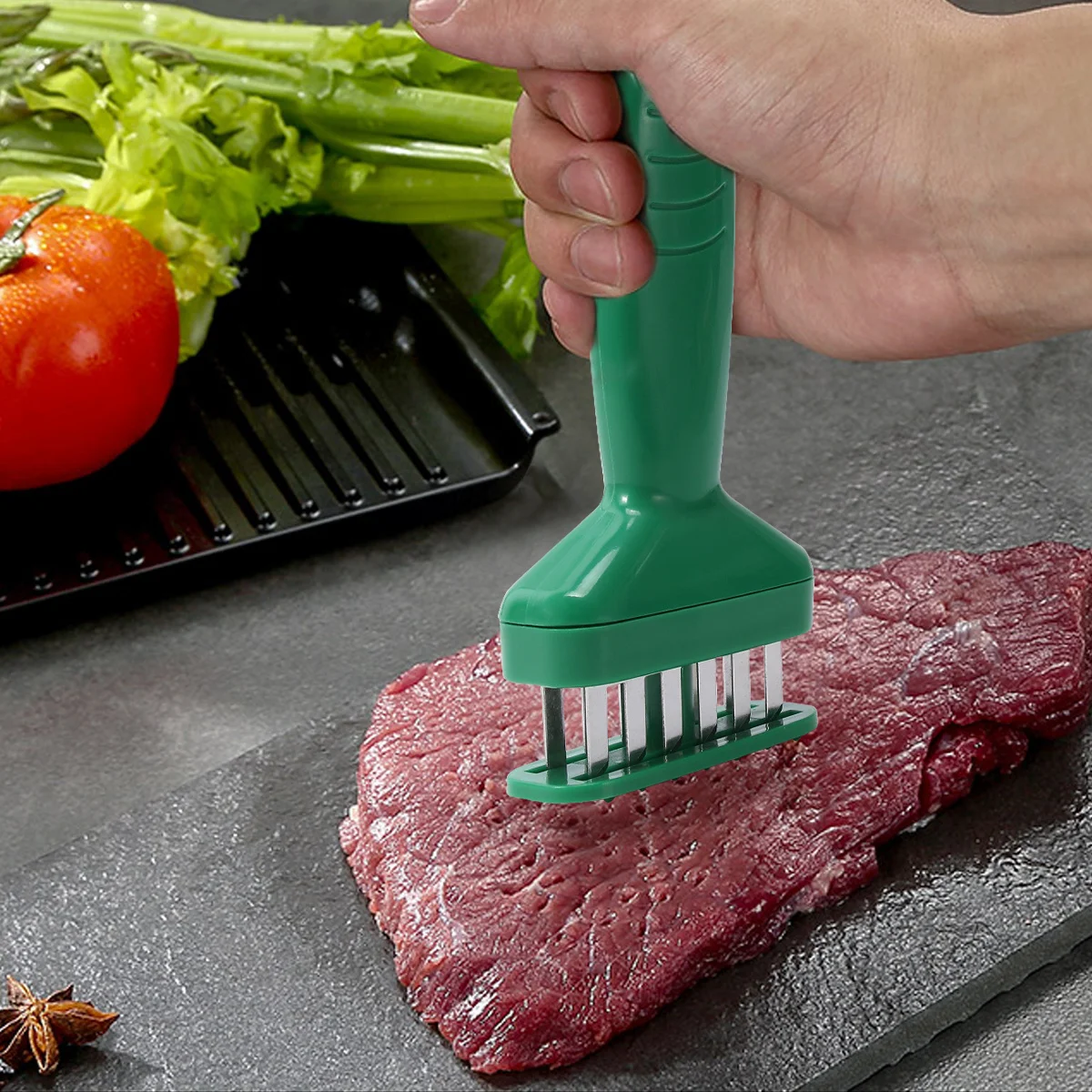 

Meat Tenderizer Green Stainless Steel Widen Needles For Beef Pork Chicken Fish Easy Grip Handle Fast Cooking Steak
