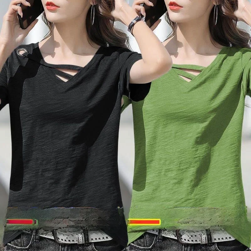 Loose Fit Bamboo Cotton Short Sleeve V-Neck T-Shirt Women's Summer Slimming  Color Base Layer Top Casual Commute Style