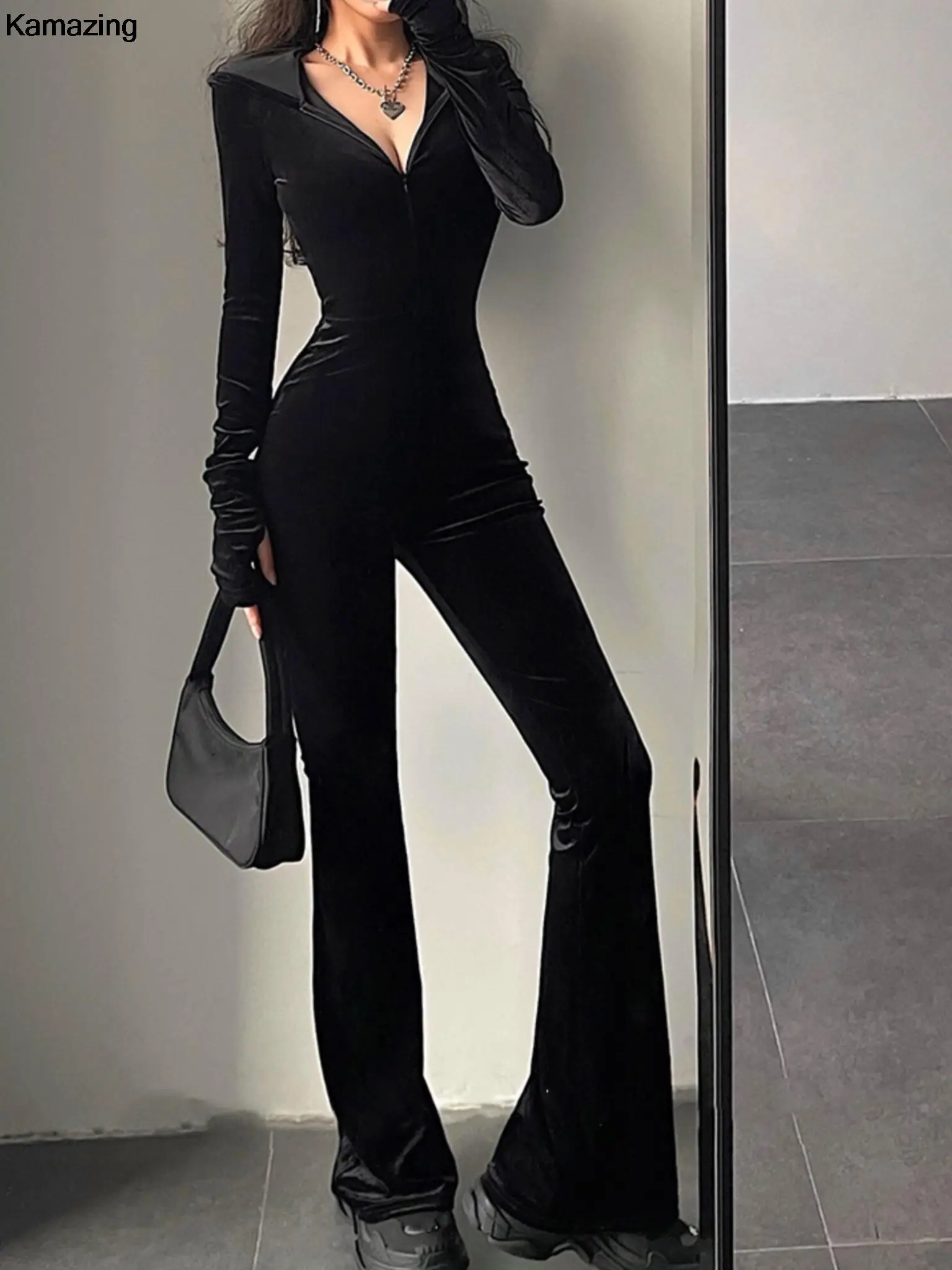 Autumn Sexy Bodycon Black Velvet Jumpsuit Women Fashion Hooded Zipper Flare Pants Rompers Vintage Y2k Streetwear Winter Outfits