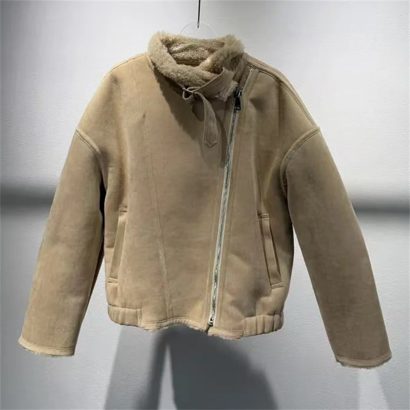 

Sheepskin coat for women 2025 winter standing collar windproof and warm thick coat Fur integrated Imitation suede Women's coats