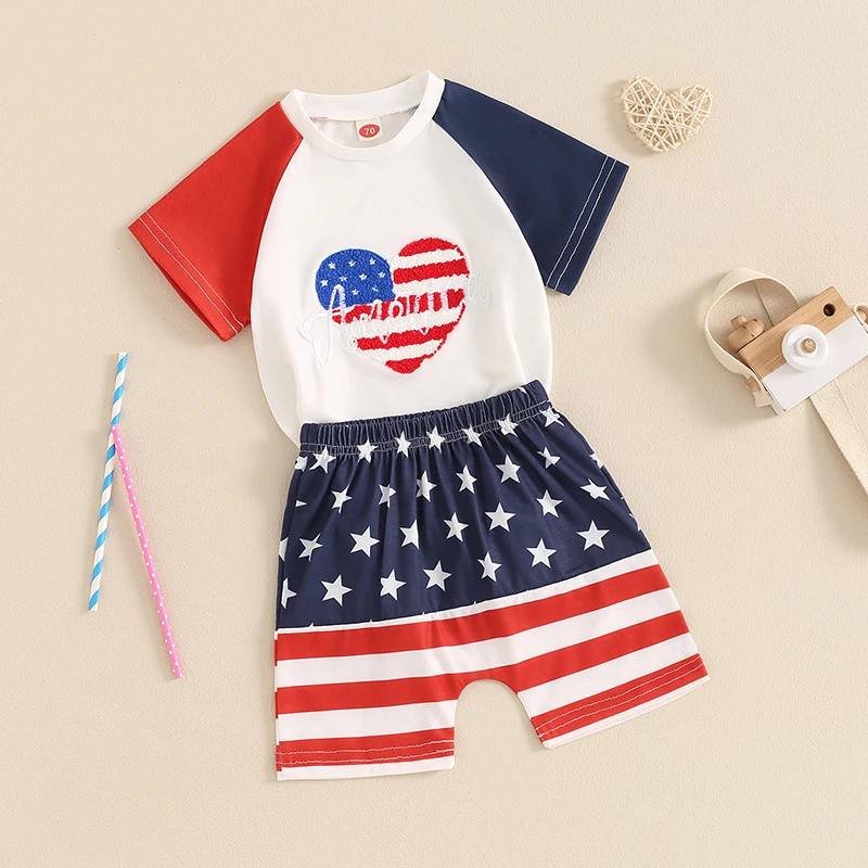 Conjunto de Roupa Manga Curta Bebés Meninos e Meninas, Shorts Estampado Estrela, Tops Bordados Coração, Verão