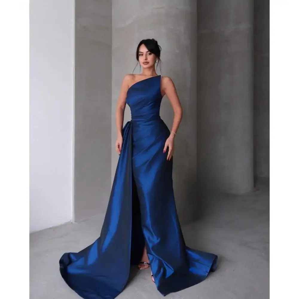 

Синее вечернее платье без бретелек 2025 г., без рукавов, с разрезом по бокам, длиной до пола, со шлейфом, плиссированное свадебное платье по индивидуальному заказу