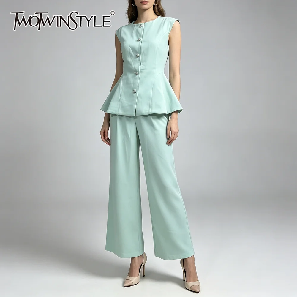 

TWOTWINSTYLE Solid Temperament Two Piece Set for Women O Neck Sleeveless Tunic Spliced Buttons Top High Waist Pant Sets Female