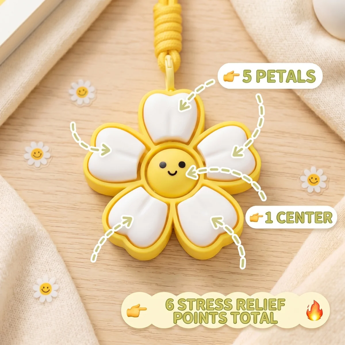 1 Pack 3D Printed Eco-Friendly PLA,Cute Flower Fidget Keychain, Daisy Stress Relief Toy