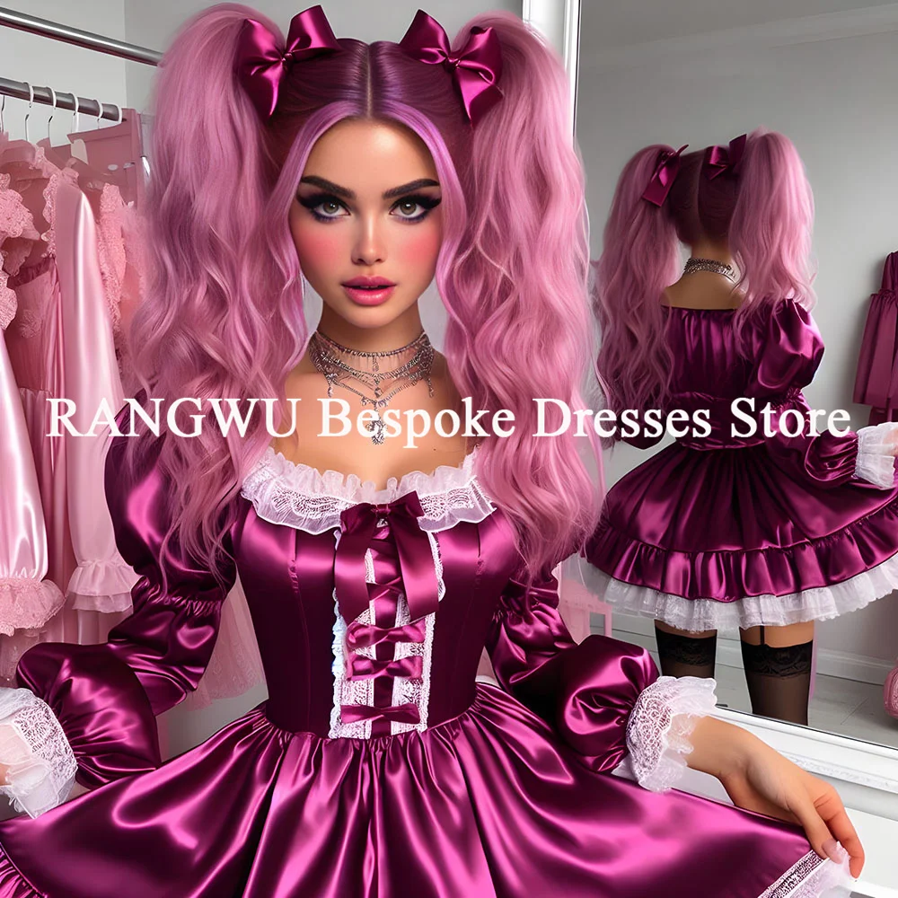 

Purple Short Prom Dress Long Sleeves Costume Maid Birthday Cocktail Dress Party Short Evening Dress Customized