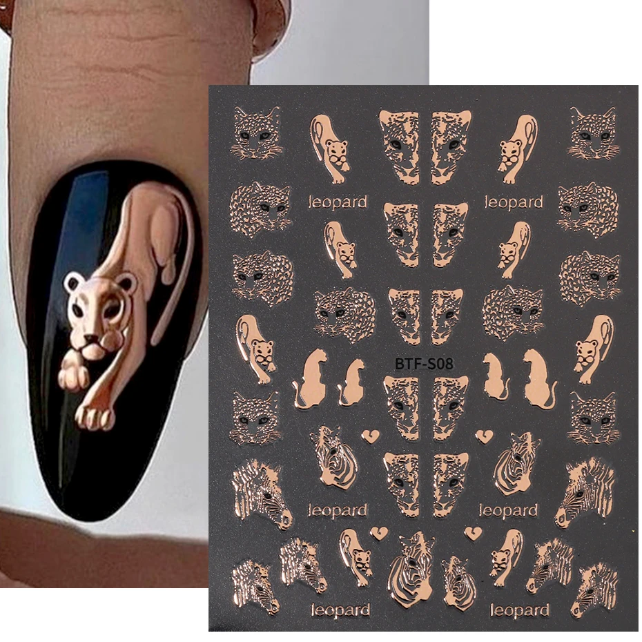 The Leopard Tiger Nails Stickers 3D Bronzing Rose Gold Black Zebra Wildlife Prints Manicure Sliders Nail Art Decoration #BTF-S08