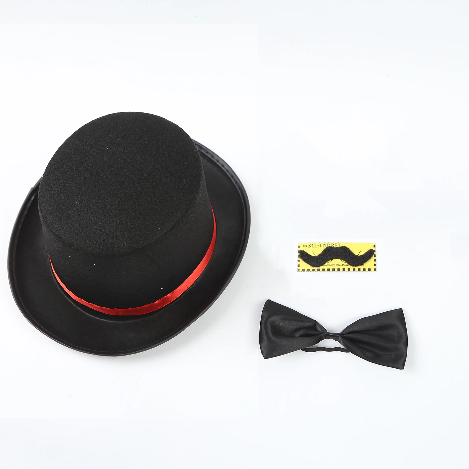 Kompletny strój maga dla dzieci i dorosłych z klasycznym cylindrem i zestawem rekwizytów magika na występy sceniczne.