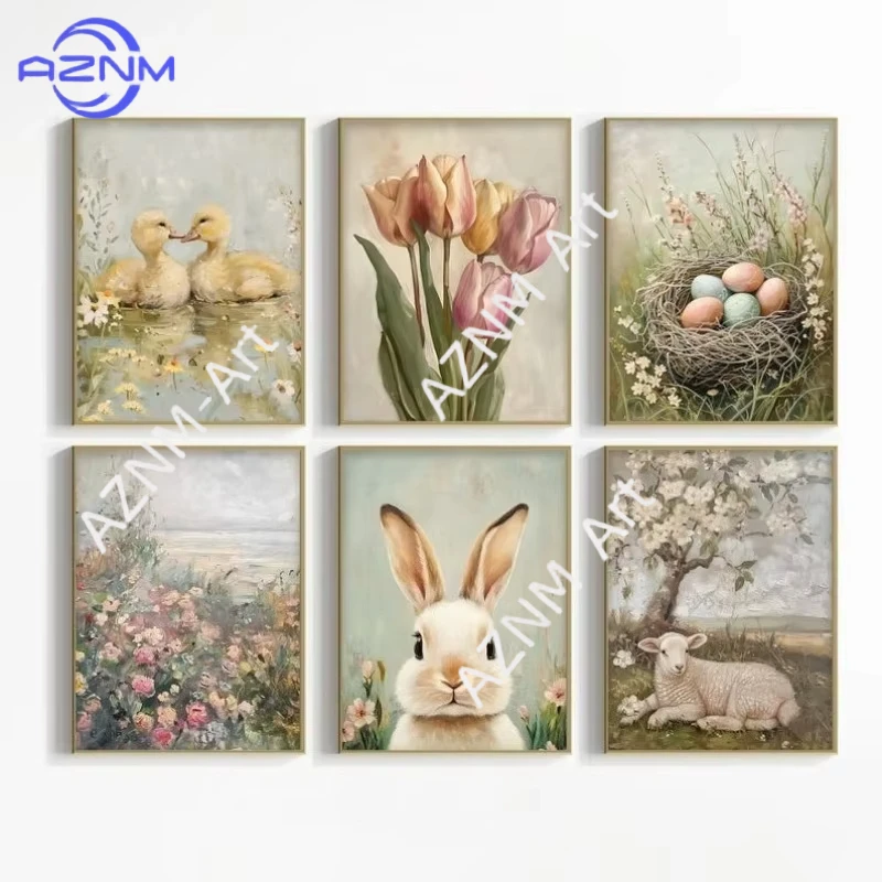 1 Pieza, Póster con Estampados de Primavera Neutros, Juego de 6 Cuadros de Primavera para Galería, Pintura de Conejito de Pascua, Decoración de Pascua Estilo Rústico en Lienzo