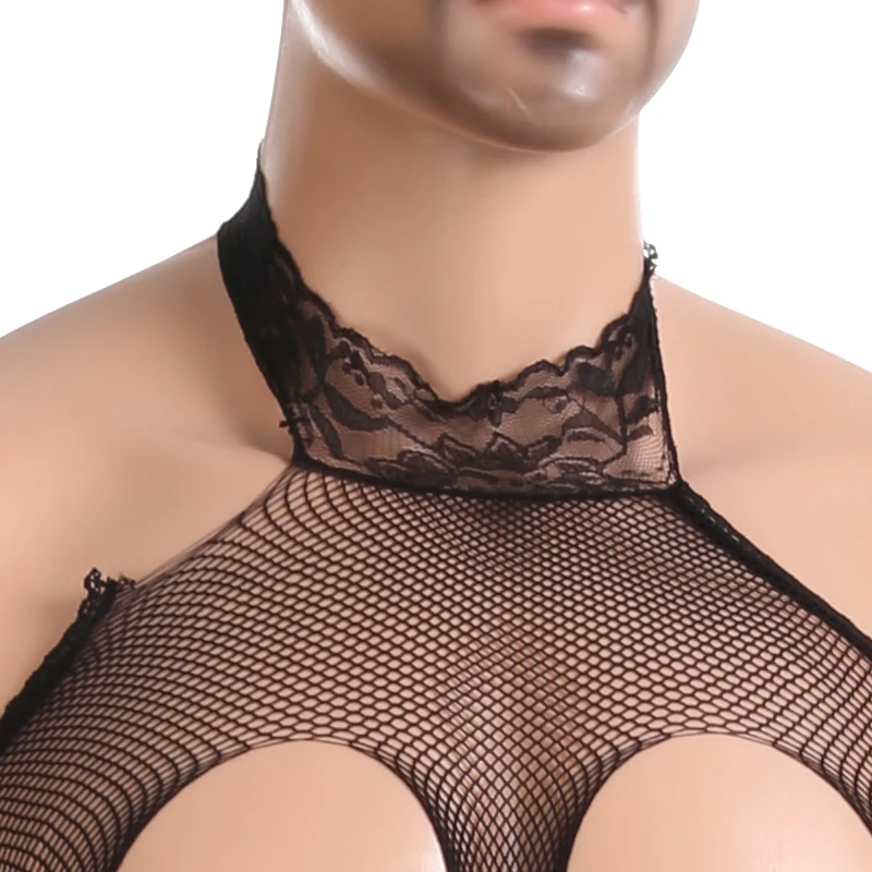 Men Sexy Fishnets Crotchless Jumpsuits Stocking Erotic Lingerie Cutouts Open Bras See-Through Pantyhose Exposed Costume Catsuits