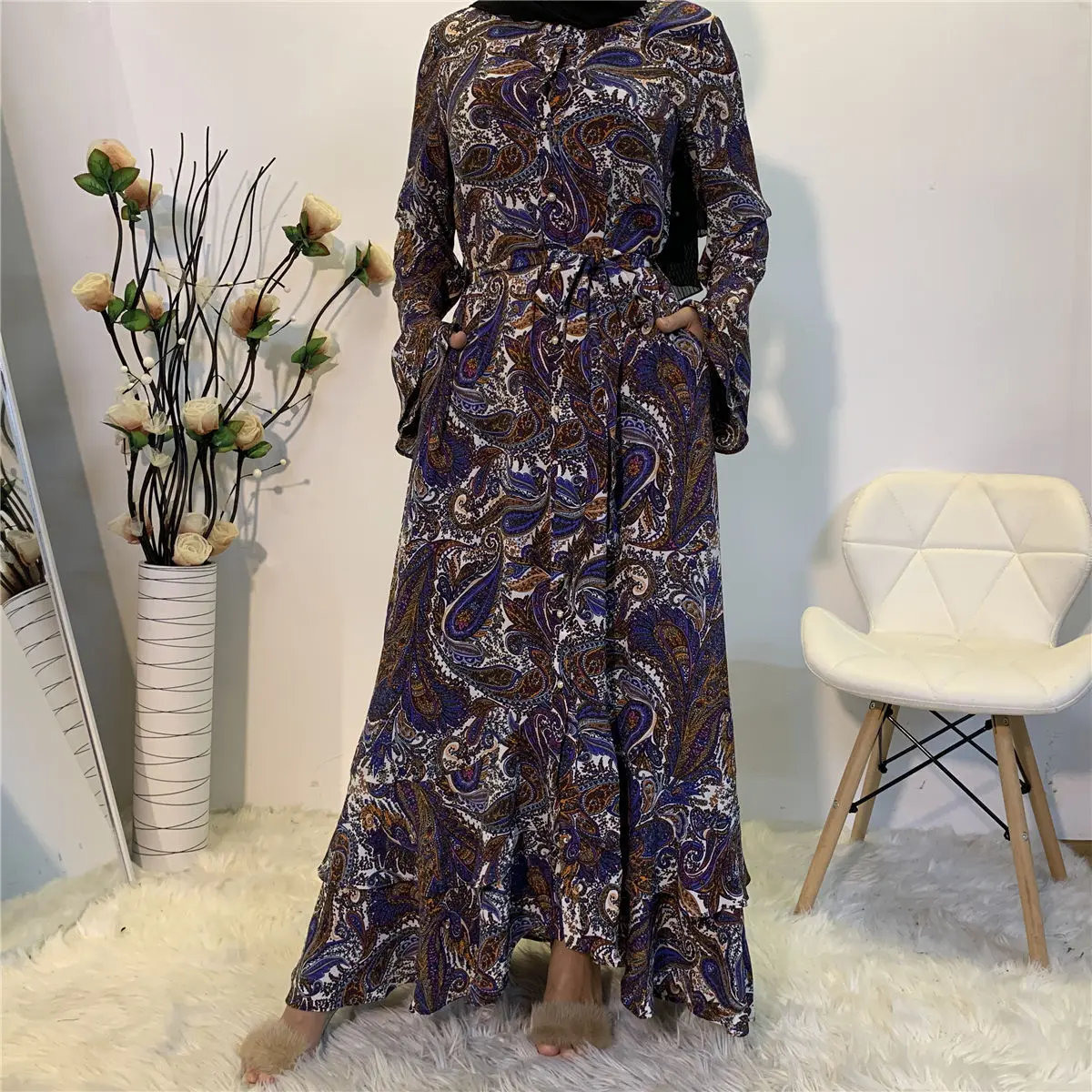 Casual Flared Long Sleeve Dress for Women Loose Muslim Printed Long Dress Single-breasted Ruffles Muslim Dress Dubai Abayas Robe