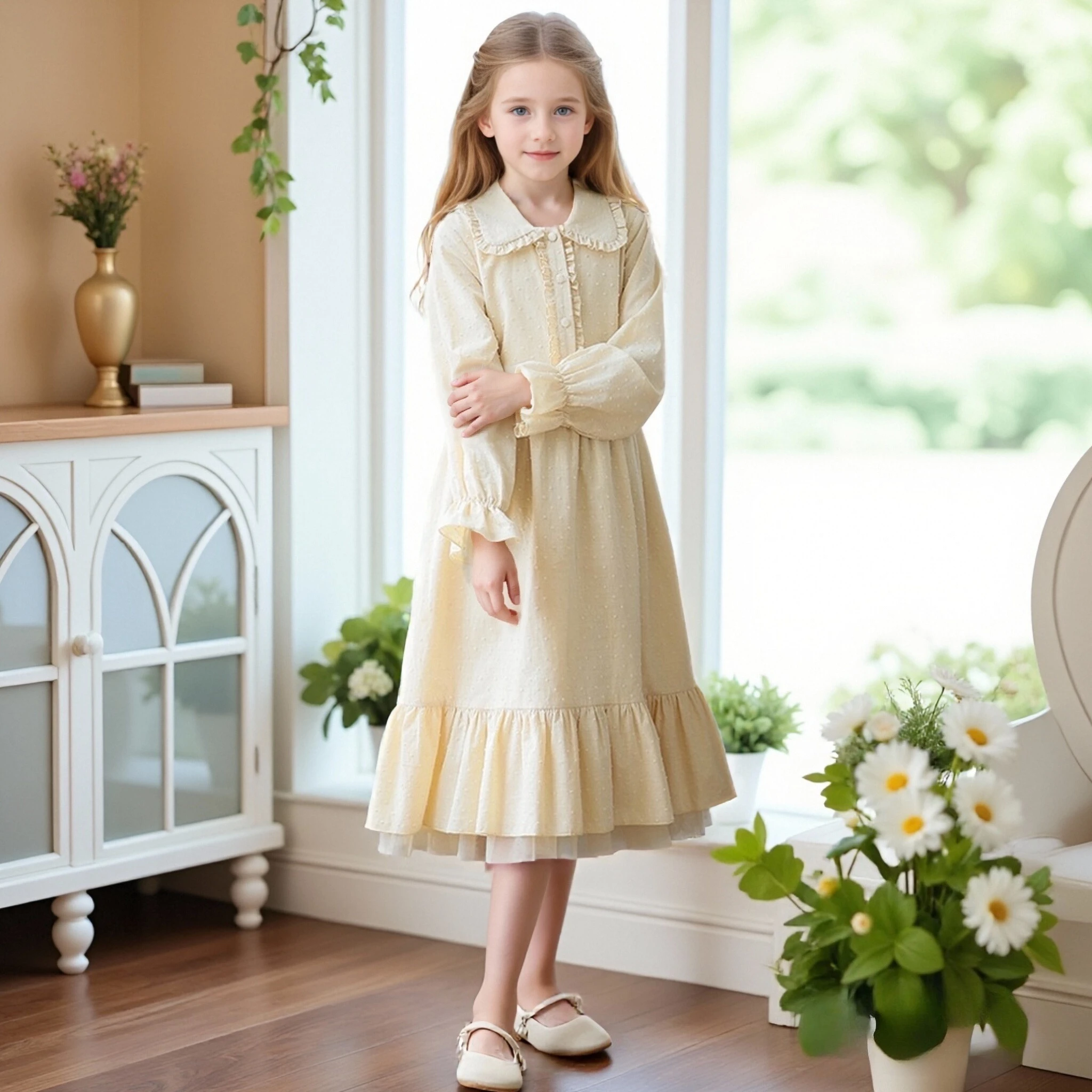 2026 Spring Girls Dress Long Sleeve Yellow Jacquard Princess Dresses for Kids Ruffles Mesh Patchwork Fashion Children Clothes