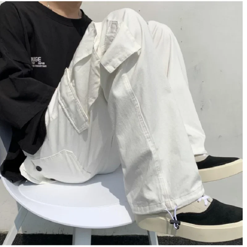 Black/white Casual Pants Men's Fashion Loose Straight Wide Leg Pants Men Streetwear Hip-hop Pocket Cargo Pants Mens Trousers