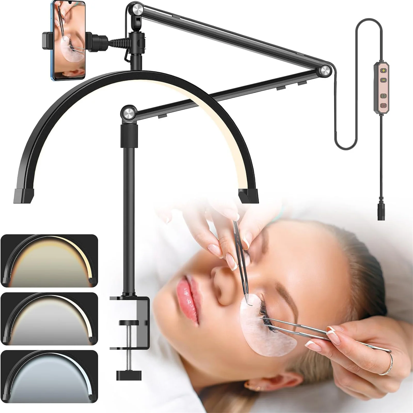 

16-дюймовый настольный светильник в форме полумесяца с держателем для телефона, регулируемый настольный заполняющий светильник, кронштейн, подставка для прямой трансляции макияжа