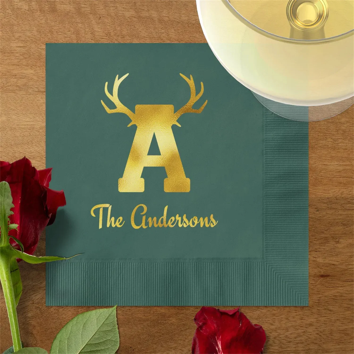 50 PCS Personalized Initial 'A' Cocktail Napkins, Custom Monogram Napkins, Holiday Reindeer Luncheon Napkins, Christmas Reindeer