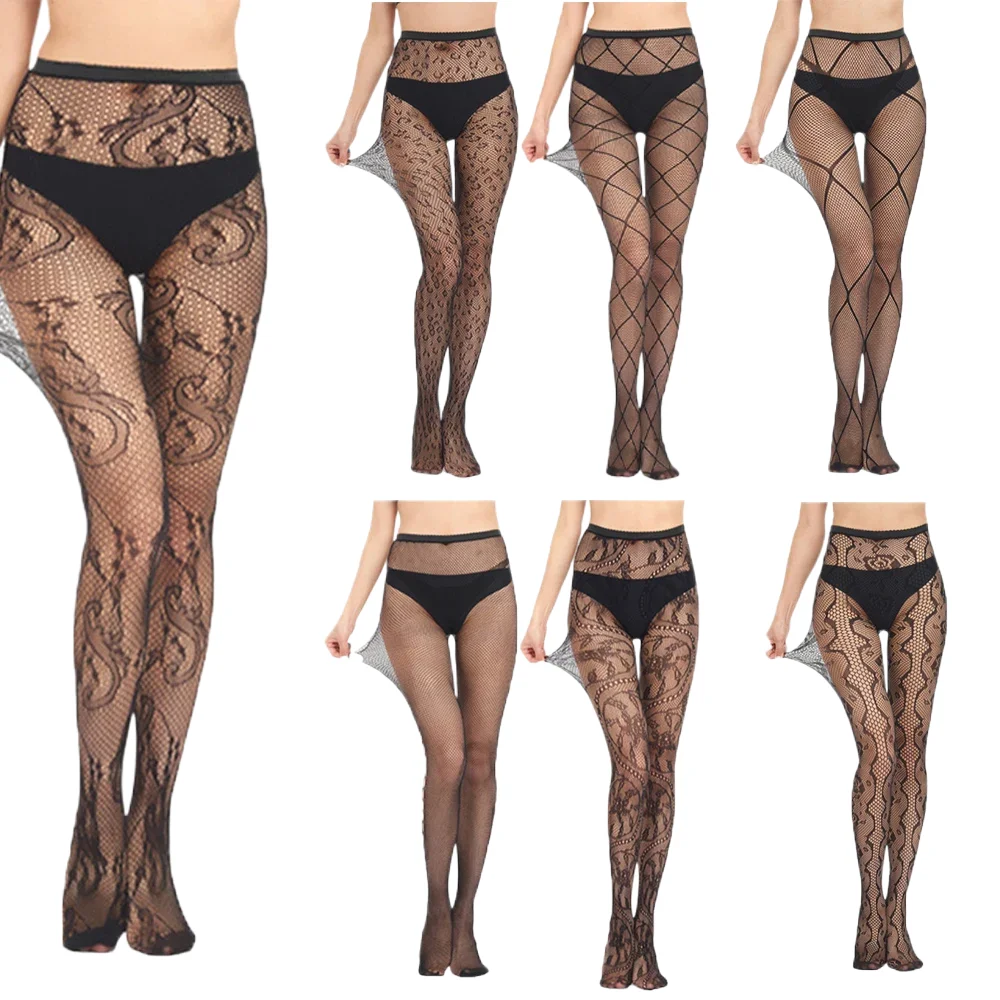 

Women Tights Sexy Lingerie Pantyhose Black Retro Rose Flower Vine Lolita Mesh Fishnet Stocking Gothic Punk Hollow Out Stockings