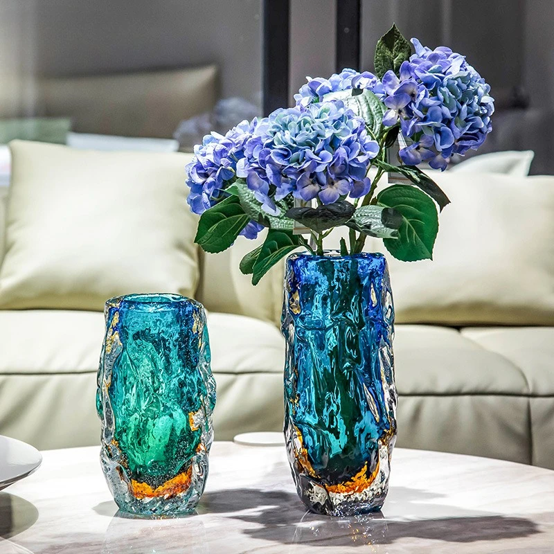 Peacock blue glazed light luxury high-end glass vase ornament, living room flower arrangement entrance model room decoration