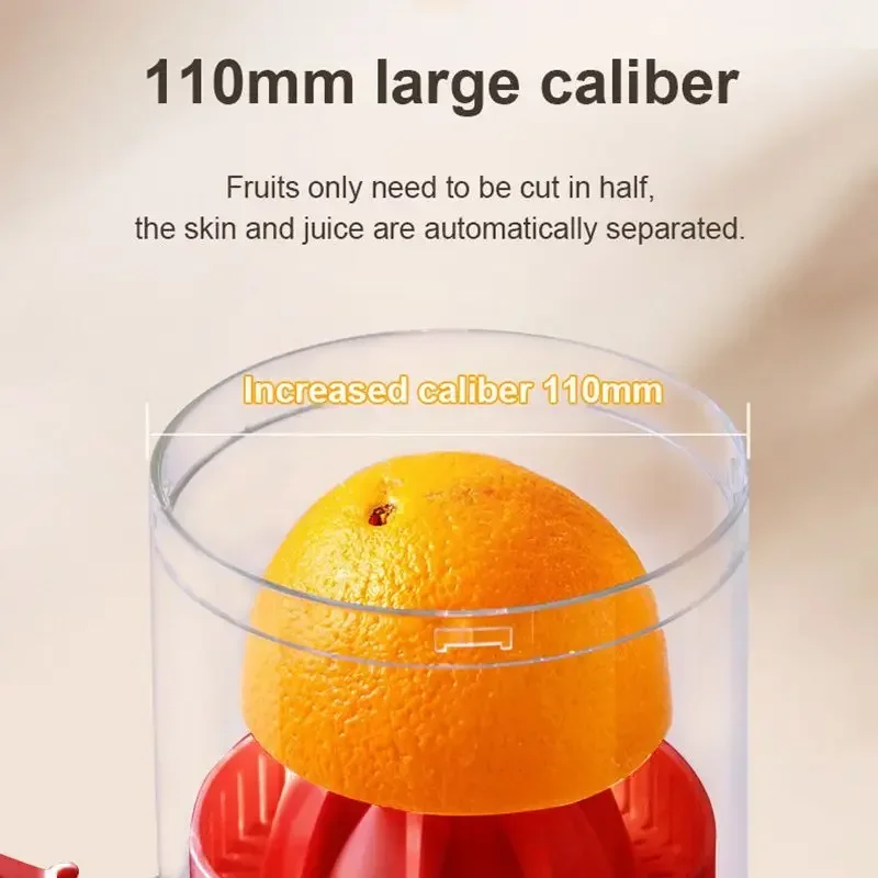 Exprimidor portátil de gran calibre, Extractor de limón y naranja, separación de jugo de escoria, amasado en espiral automático, expulsor lento recargable