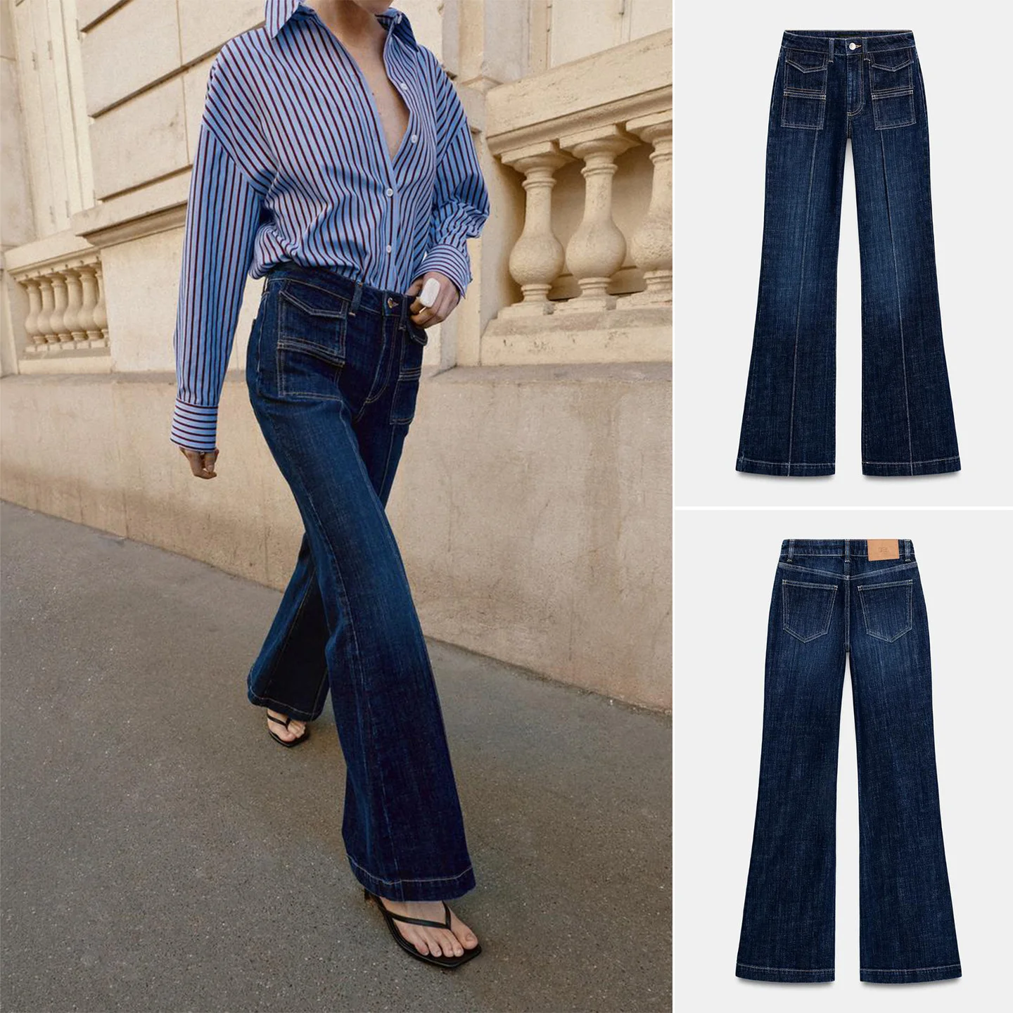 

Spring New Arrival High Waist Bell Bottom Zipper Casual Denim Jeans for Women Commuter Style Pleated Polyester Fiber