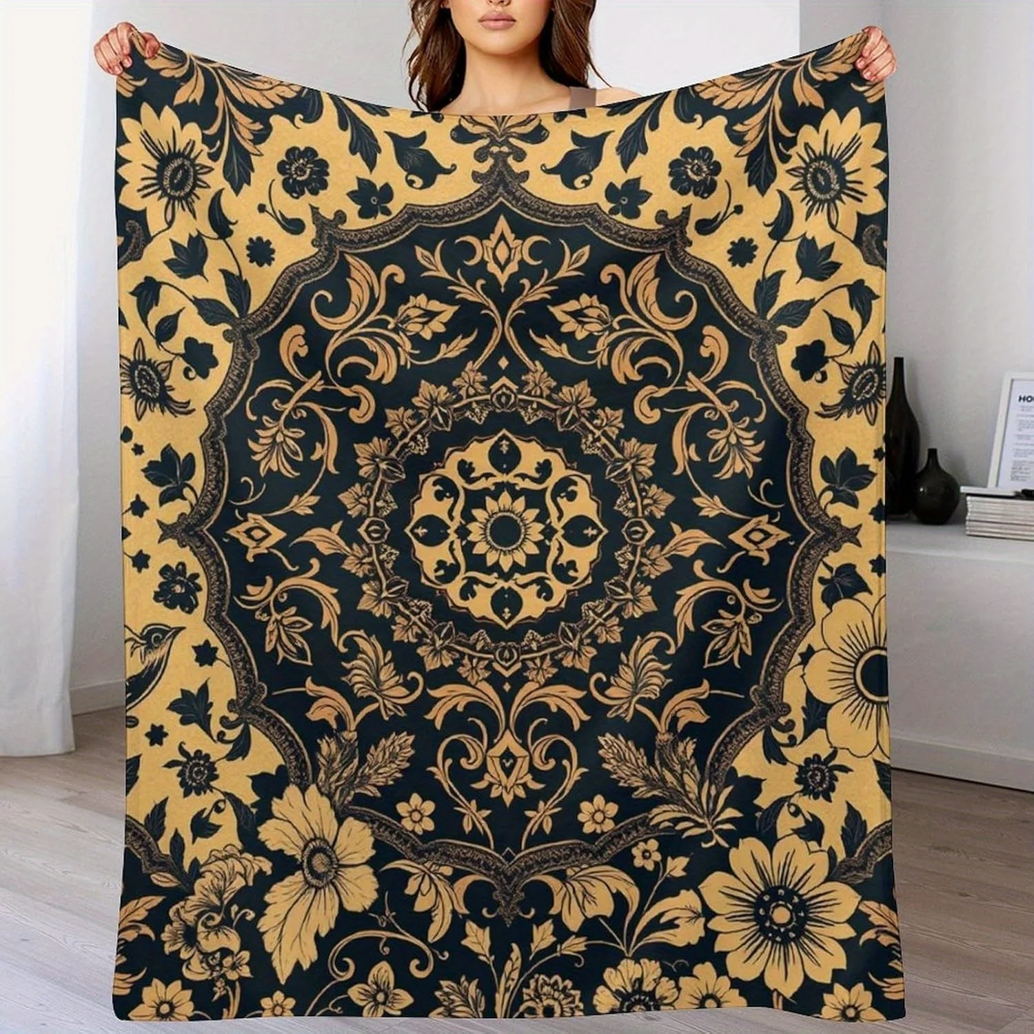 Rich Deep‑Tone Gilded Floral Design Sofa Lounge Cover For Lounge Trip Camping Throw Blanket Elegant Exotic Home Accessory
