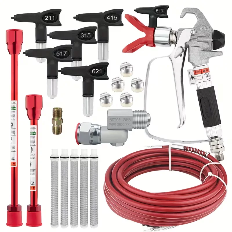 Airless Spray Gun Kit,5 Tips (211/315/415/517/621),2 Extension Rods,HP Hose,Filters,Gaskets