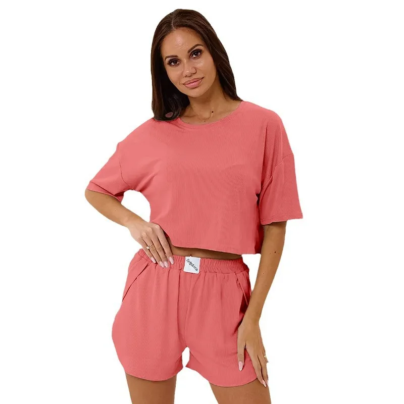 Summer Women Pajama Sets T-shirt+Shorts Two Pieces Suits Female Casual Loose Home Clothes Solid Color Nightwear Ladies Sleepwear