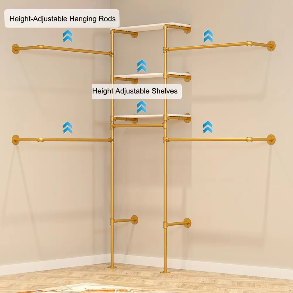 インダストリアルスタイルの壁掛け式頑丈なゴールドパイプ製衣類ラック（調節可能な棚とコーナークローゼットシステム付き）