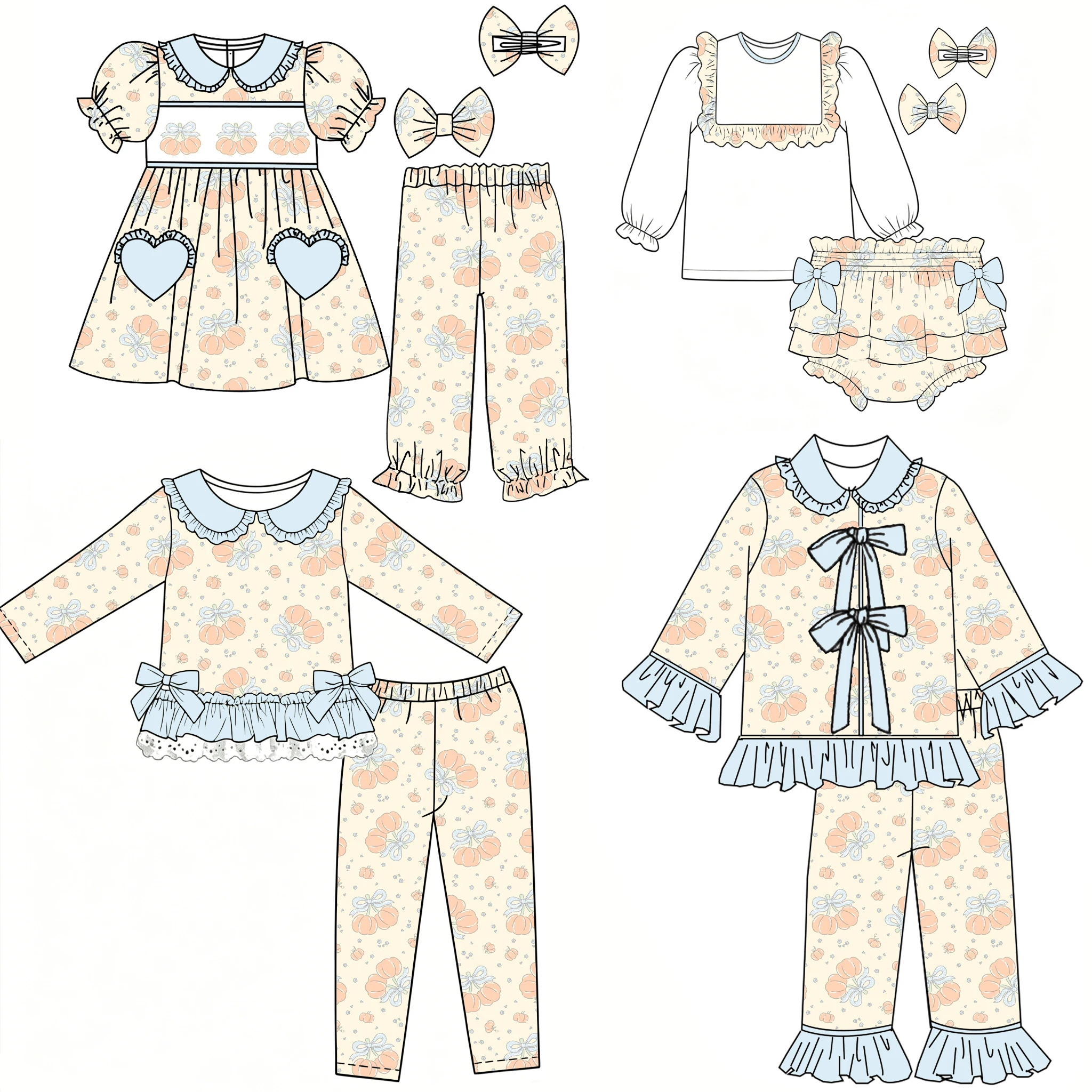 New Thanksgiving Pumpkin Print Blue Ruffled and Bow Long-sleeve Top and Pants Girls Boutique Set