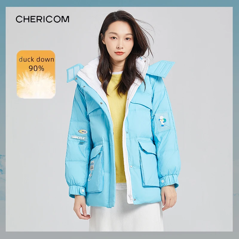 Chericom Mittellange Daunenjacke für Damen, 2022, Winter, neu, Stehkragen, Kapuze, weiße Entendaunenfüllung, Mäntel im Utility-Stil, Y279088Y