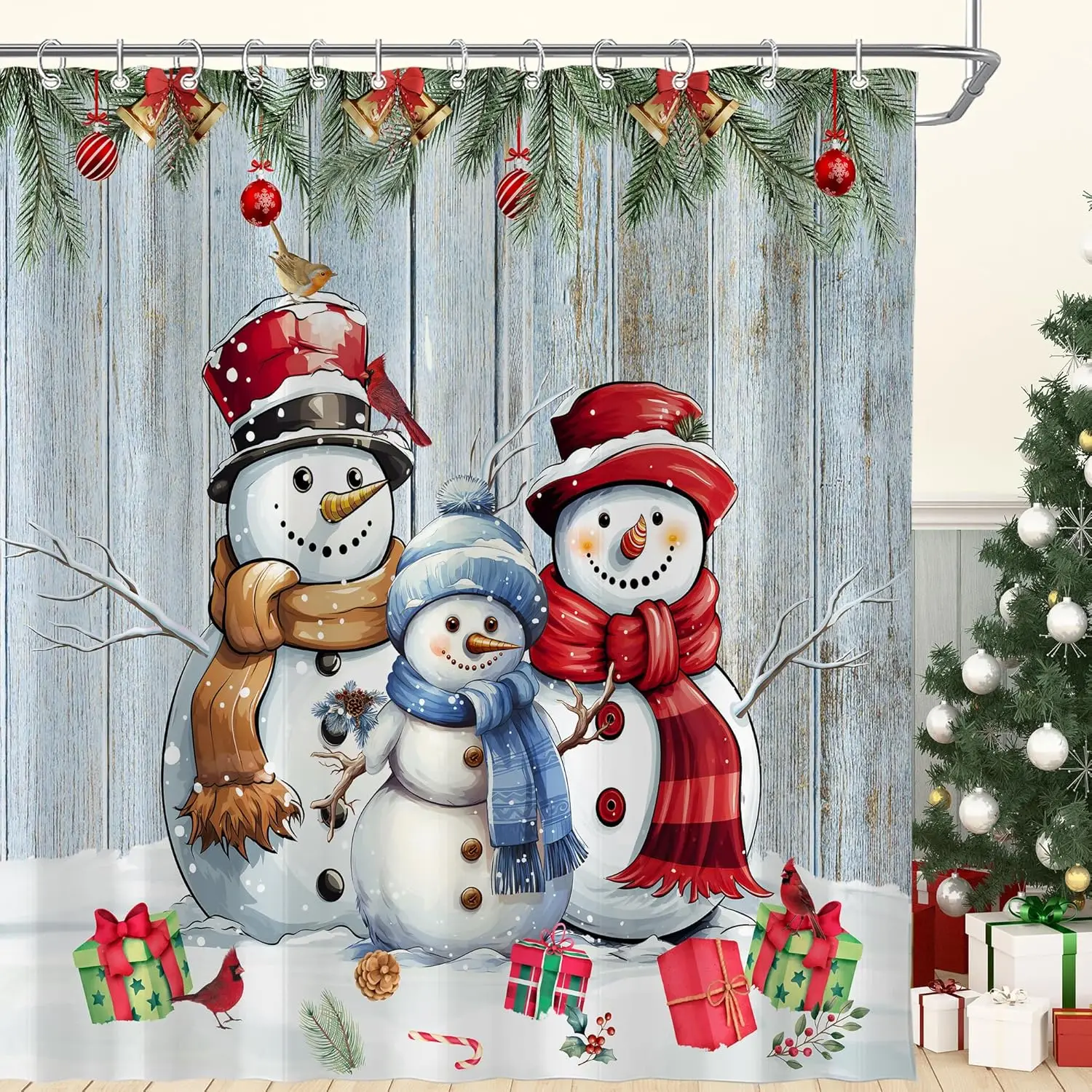 عيد الميلاد الشتاء ثلج مزرعة دش الستار للحمام فروع الصنوبر ريفي الخشب مجلس عيد الميلاد شجرة صنوبر عطلة البلاد