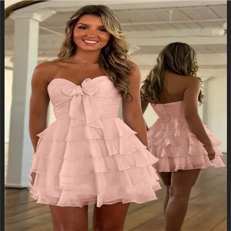 Rüschen trägerlose Abendkleider Chiffon Mini kurzes Cocktailpartykleid elegante Falte A-Linie Ballkleider 2025, individuell gestaltet