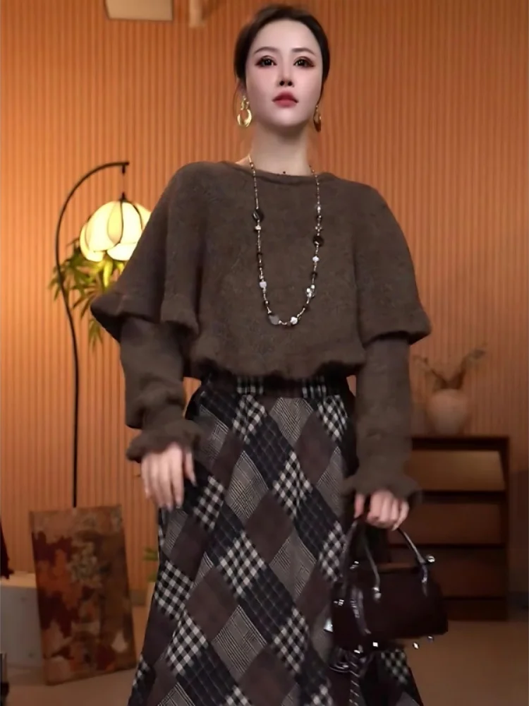 

Retro Sle Anti-Aging Women's Faion Set Pure Color Wrap Slim Knitted Sweater Winter New Arrival Two-Piece Set High Waist P...