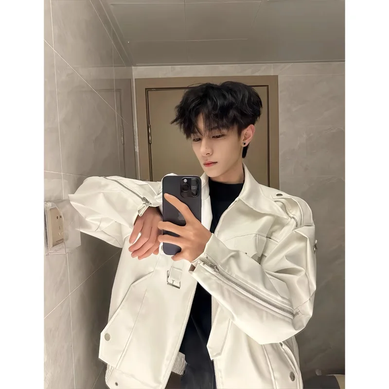 Trendy Short White Leather Jacket Men's Trendy Boys Locomotive Suit American High Street Tooling Jacket