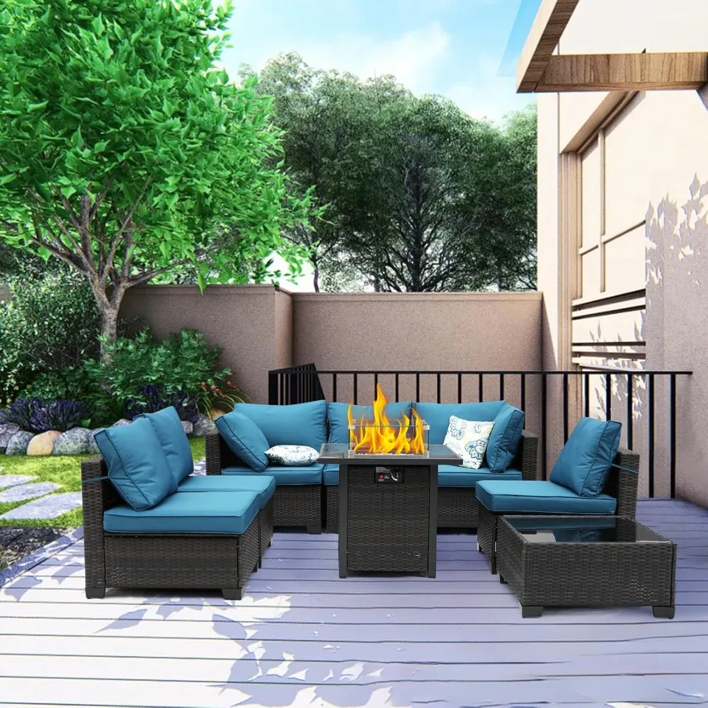 

8 Pieces Patio Furniture Set with 28" Fire Pit Table, Wicker Outdoor Sectional Couch, Rattan Conversation Set for Backyard, Deck
