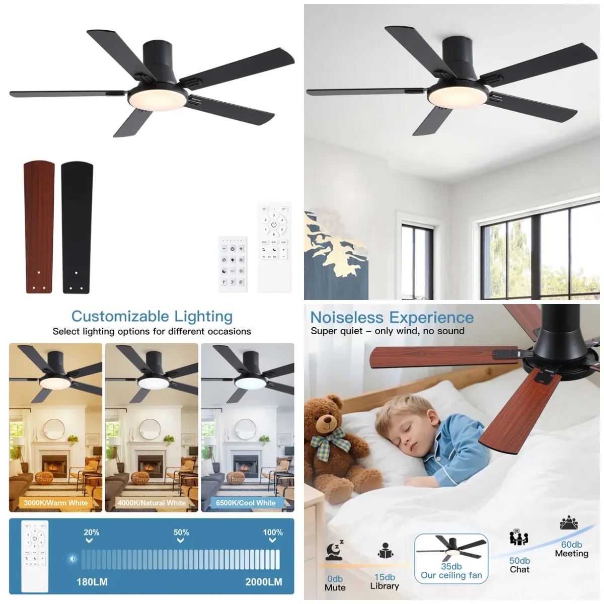 

52 дюйма Встроенный светодиодный фермерский дом в помещении/на открытом воздухе, черный умный потолочный вентилятор с дистанционным управлением