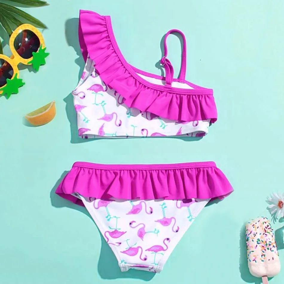 3-14 Years Baby Girl Swimsuit Kids Flamingo Two Piece Children\'s Swimwear Falbala Teenager Girl Bikini Set Girls Bathing Suits