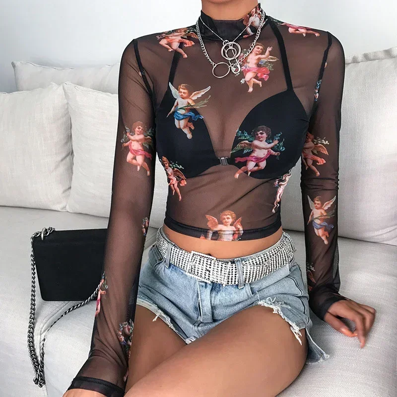 2024 Womens Summer Long Sleeves Mock Neck Crop Top Romantic Colored Angel Cupid Printed T-Shirt See Through Mesh Party Club