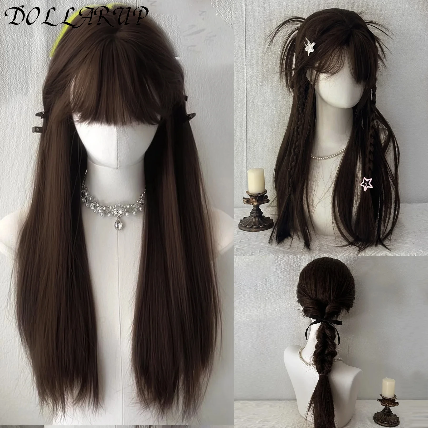 JKL Straight Layered Cut Wigs with Bangs HD Lace Fake Scalp Synthetic Natural Layered Lace Wig For Women Glueless Heat Resistant