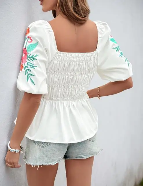 

Top Women 2025 Summer New Fashion Floral Embroidery Puff Sleeve Square Neck Short Sleeve Shirred Casual Daily Shirt Top