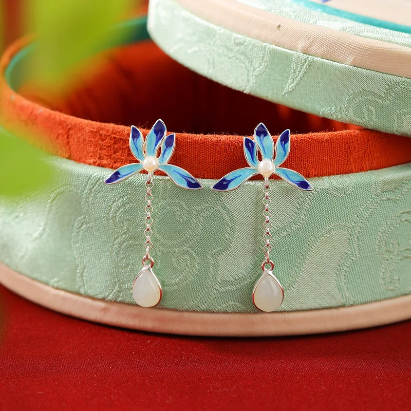 S925 Silver Hetian Jade Cloisonn Vintage Orchid Elegant Drop Earrings