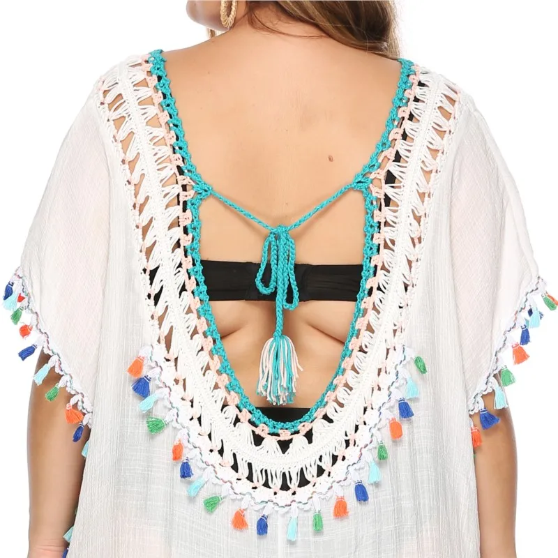 Large size women's color tassel hand hook splicing hollow sexy back loose beach smock dress women
