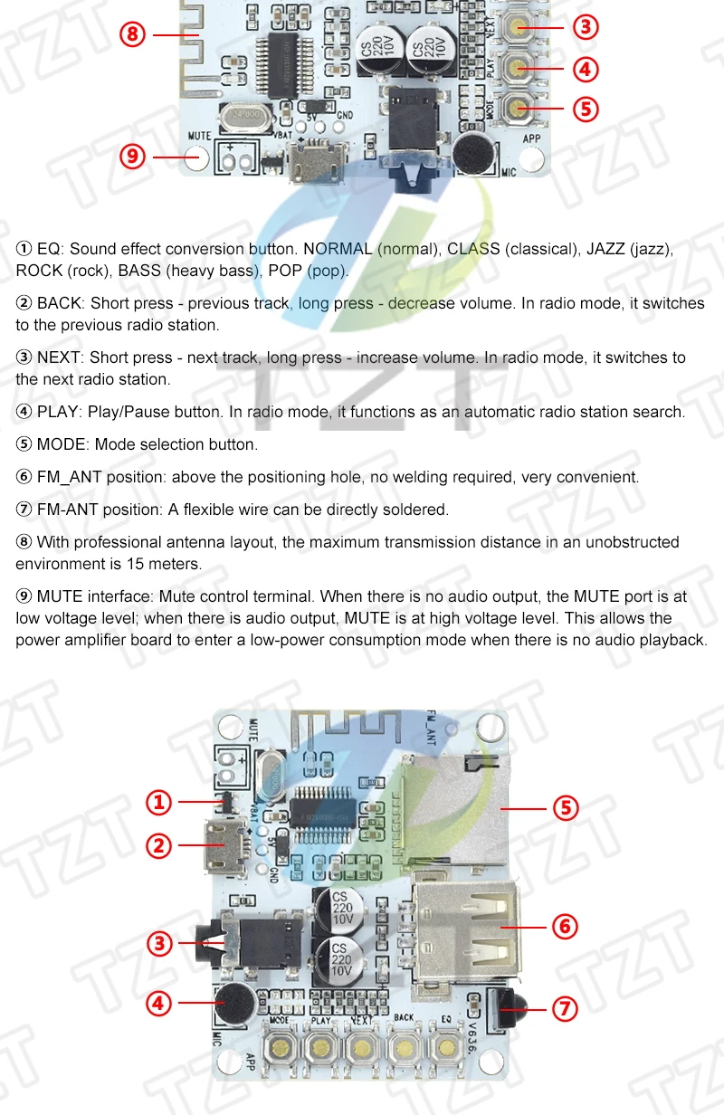 TZT TF-Karten Bluetooth-Audioboard mit USB-Anschluss, Dekodierung, Wiedergabe, 5V Stereo-Musikmodul – Detail 4
