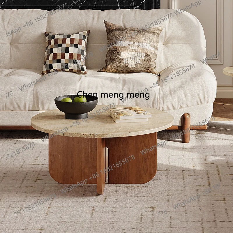 

Solid wood travertine coffee table small apartment living room household small round table retro marble reception low table