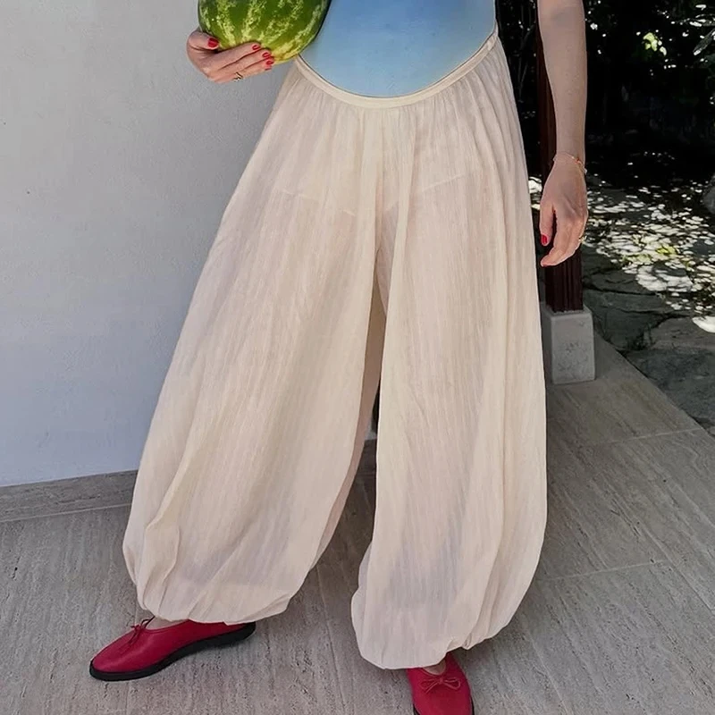 Summer New Puff Loose Women's Commute Pants Casual High Waist Pleated Wide Leg Pants Elegant Ladies Simple Solid Color Trousers