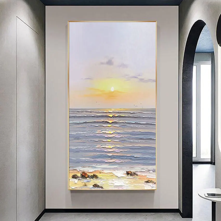 لوحات تجريدية لغروب الشمس، جدار فني بتصميم أكريليك، عمل فني كبير للمطاعم، صورة المناظر الطبيعية، ديكور قماشي بدون إطار